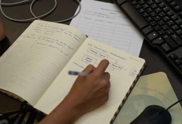 student writing in a class