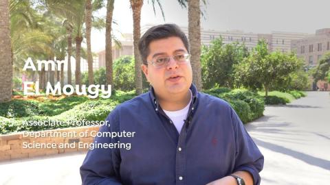 Faculty member Amr El Mougy. He is sitting outdoors. Text: Associate Professor, Department of Computer Science and Engineering