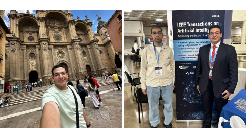 a collage of students exploring Spain and at the conference 