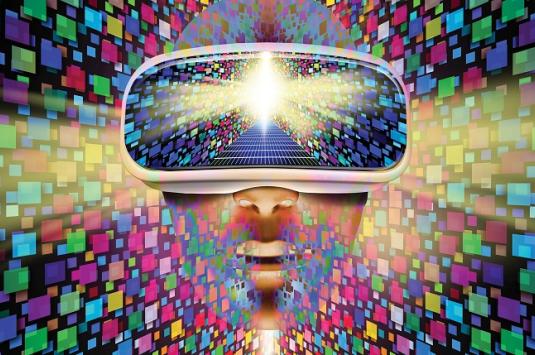 A face wearing glasses and surrounded by colored squares