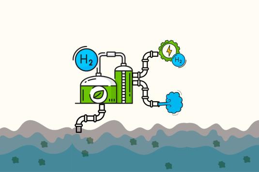 A graphic showing how electrolysis works. On the bottom, a graphic of water, tinted brown with green spots. The water is pulled up through a pipe to two green buildings representing the electrolysis. Two pipes connected to the building pipe out green hydrogen, shown as green lightning with a blue H, and bright blue, clean water. 