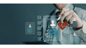 A doctor touches a floating patient chart with a stylus