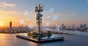 A graphic of a cell tower arising out of a phone with a city skyline in the background