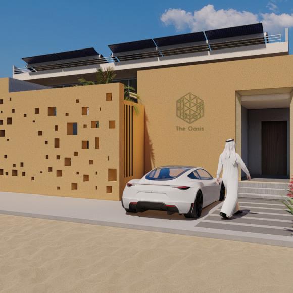 A SOLAR HOUSE and a Car parked in front of the house and a Man walking towards the house entrance